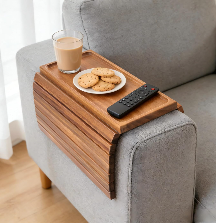 Acacia Wood Sofa Armrest Table (Foldable, Non-Slip Tray) - Image 2