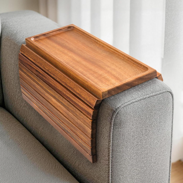 Acacia Wood Sofa Armrest Table (Foldable, Non-Slip Tray)