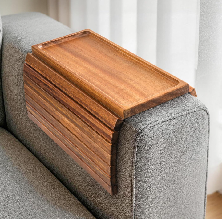 Acacia Wood Sofa Armrest Table (Foldable, Non-Slip Tray)