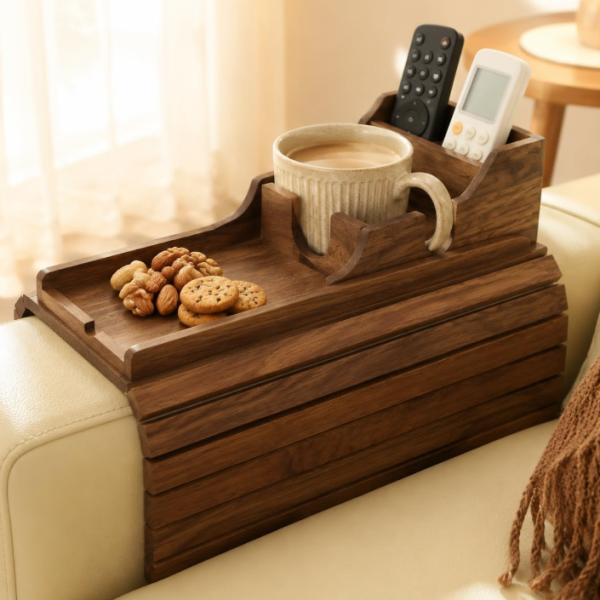 Acacia Wood Sofa Armrest Table With Detachable Cup Holder