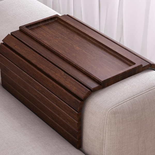 Foldable Bamboo Sofa Armrest Tray With Non-Slip Pad