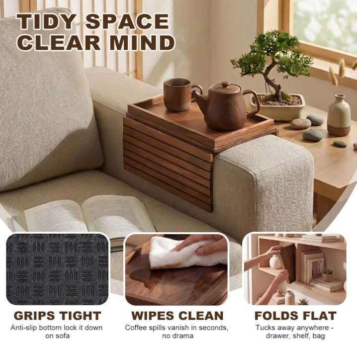 Large, Foldable Bamboo Sofa Armrest Tray - Image 2