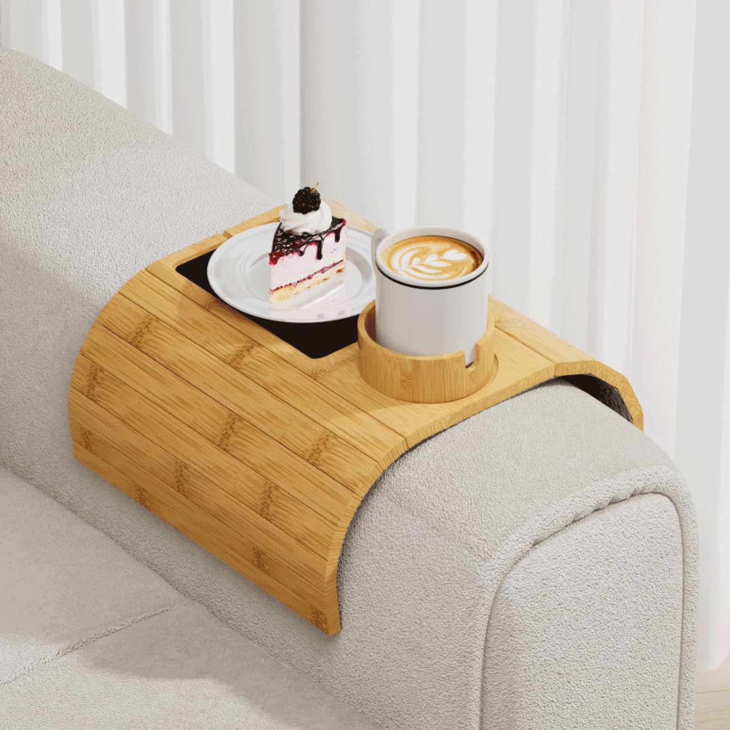 Bamboo Sofa Armrest Tray With Rotating Cup Holder And Anti-Slip Base