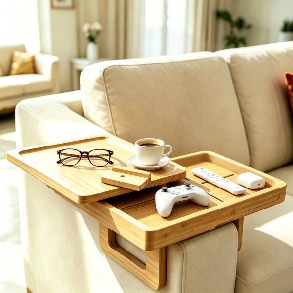 Bamboo Sofa Armrest Tray, Rotating Storage Platform