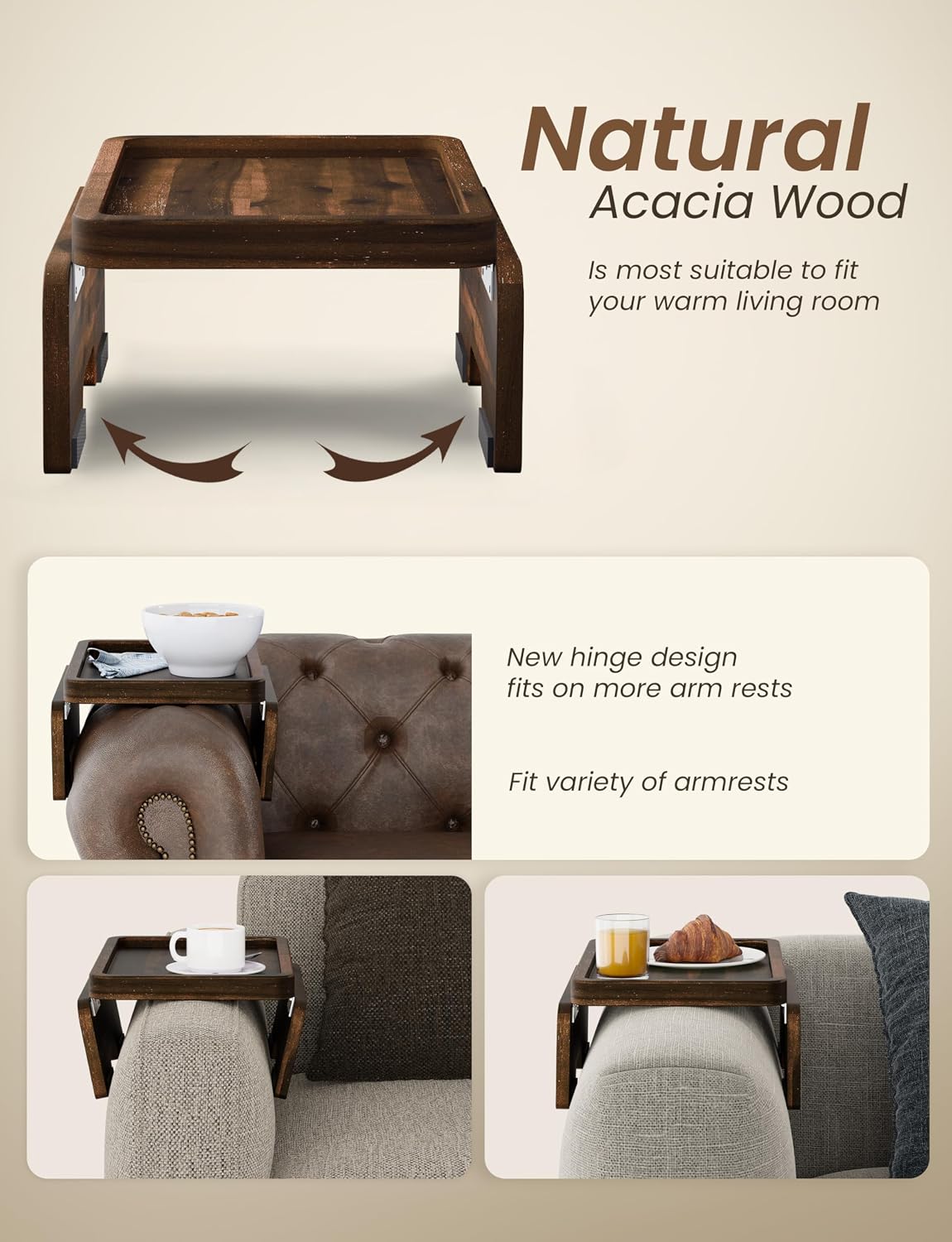 Acacia Wood Sofa Armrest Tray With Phone Holder - Image 2