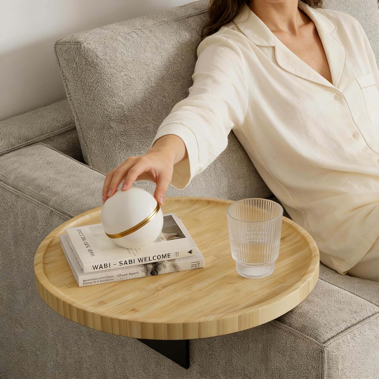 Bamboo Sofa Armrest Tray, Width-Adjustable Storage Platform