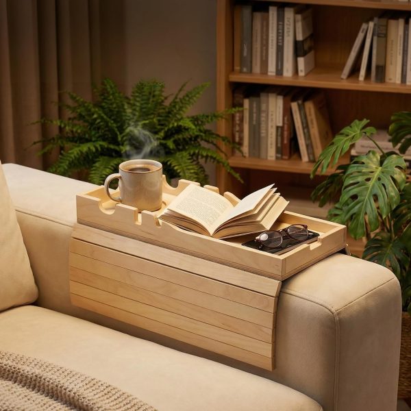 Birch Wood Sofa Armrest Storage Platform, Detachable And Foldable Tray