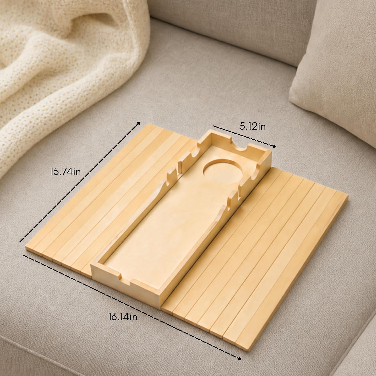 Birch Wood Sofa Armrest Storage Platform, Detachable And Foldable Tray - Image 2