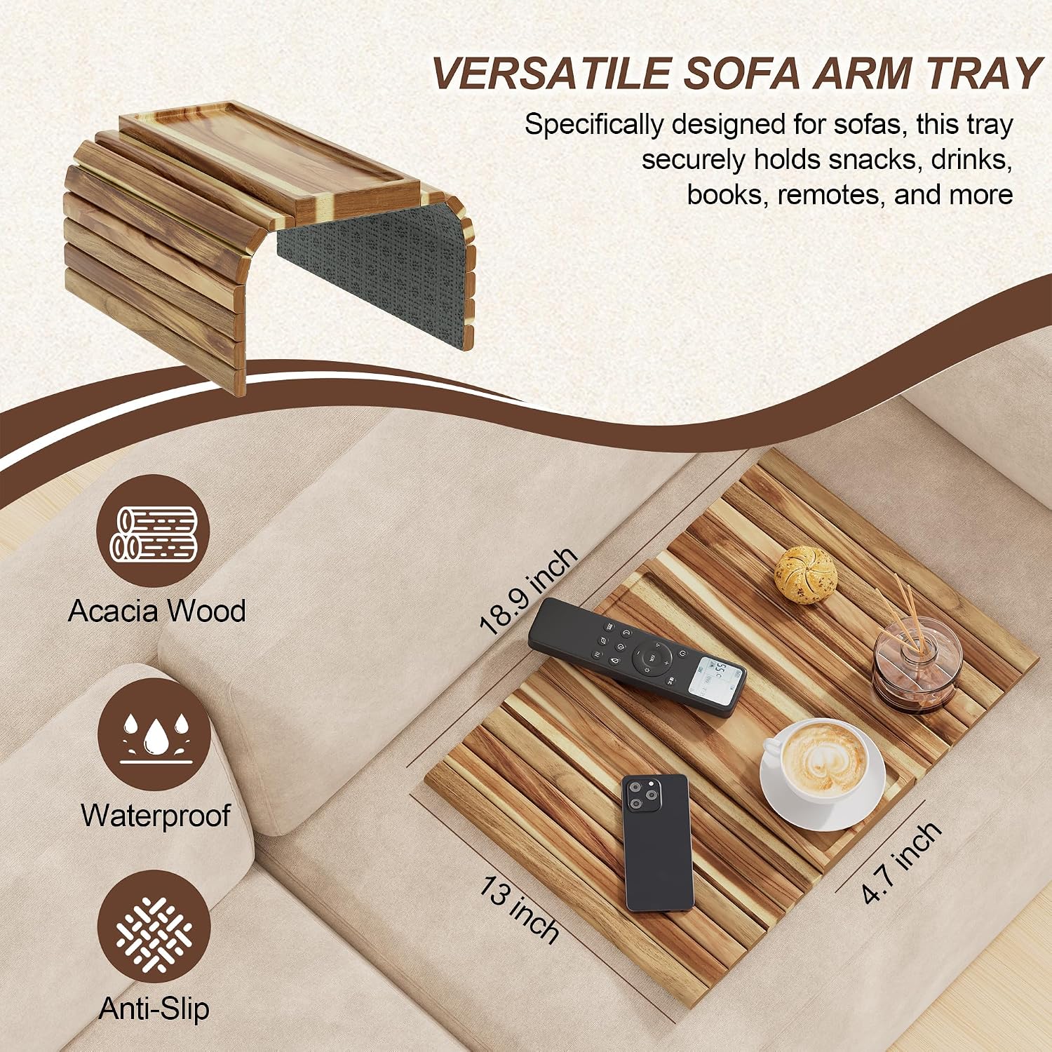 Acacia Wood Sofa Armrest Tray, Foldable, With Anti-Spill Cup Holder - Image 2