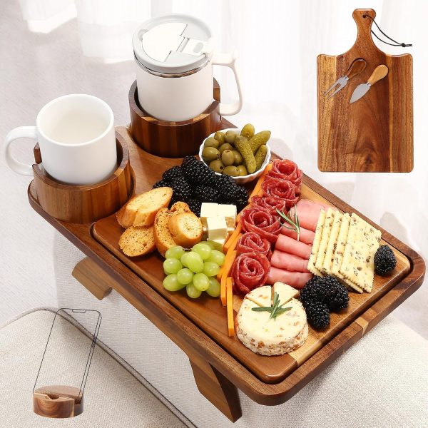 Acacia Wood Sofa Armrest Storage Platform, Doubles As A Serving Tray