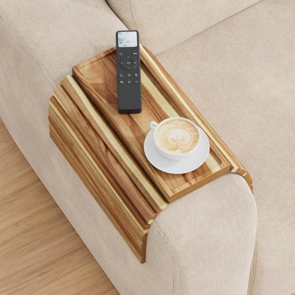 Acacia Wood Sofa Armrest Tray, Foldable, With Anti-Spill Cup Holder