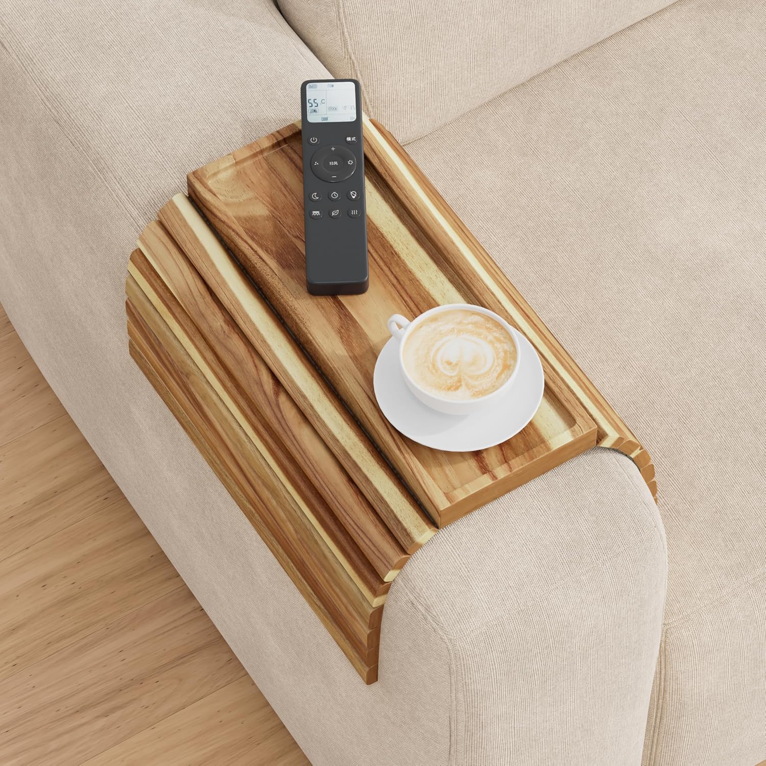 Acacia Wood Sofa Armrest Tray, Foldable, With Anti-Spill Cup Holder