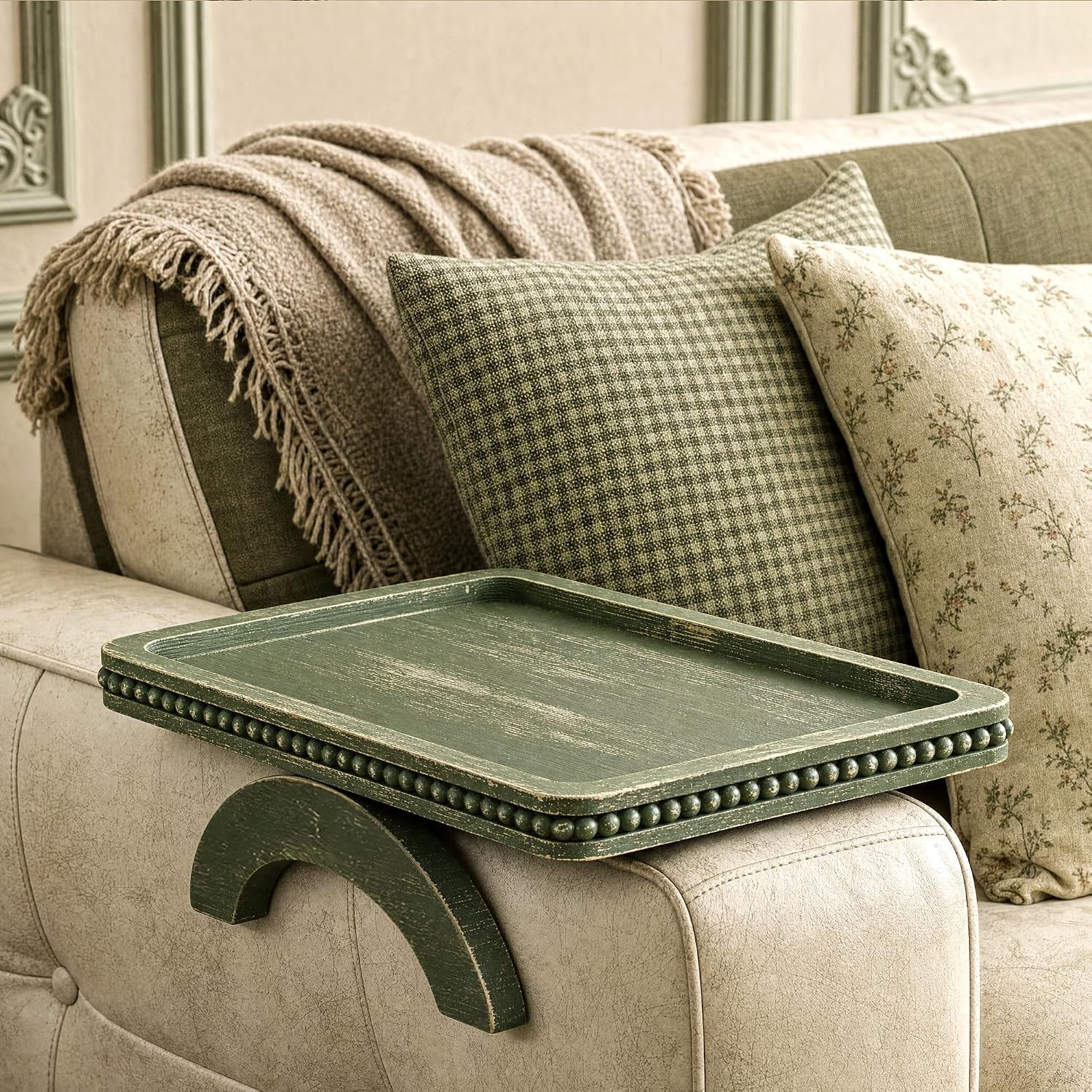 Beaded-Design Sofa Armrest Tray (For Drinks And Snacks, Green)